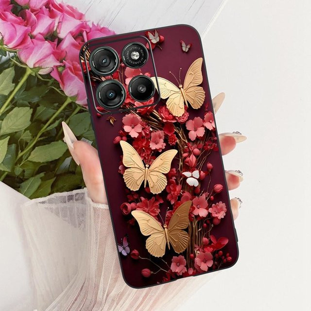 Motorola Moto G17 und G17 Power Handyhülle aus weichem Silikon mit Blumen, Schmetterlingen und Katzen in Schwarz und Multicolour - Bild 1