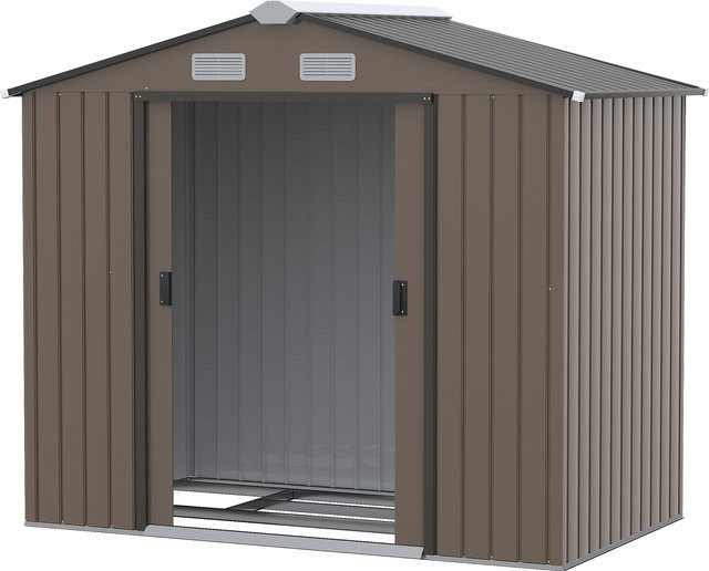 Outsunny Metallgerätehaus Aufbewahrungsschuppen aus Stahlblech mit Fundament und abschließbarer Doppeltür, Farbe: Braun, B/T/H: 130 x 213 x 185 cm - Bild 1