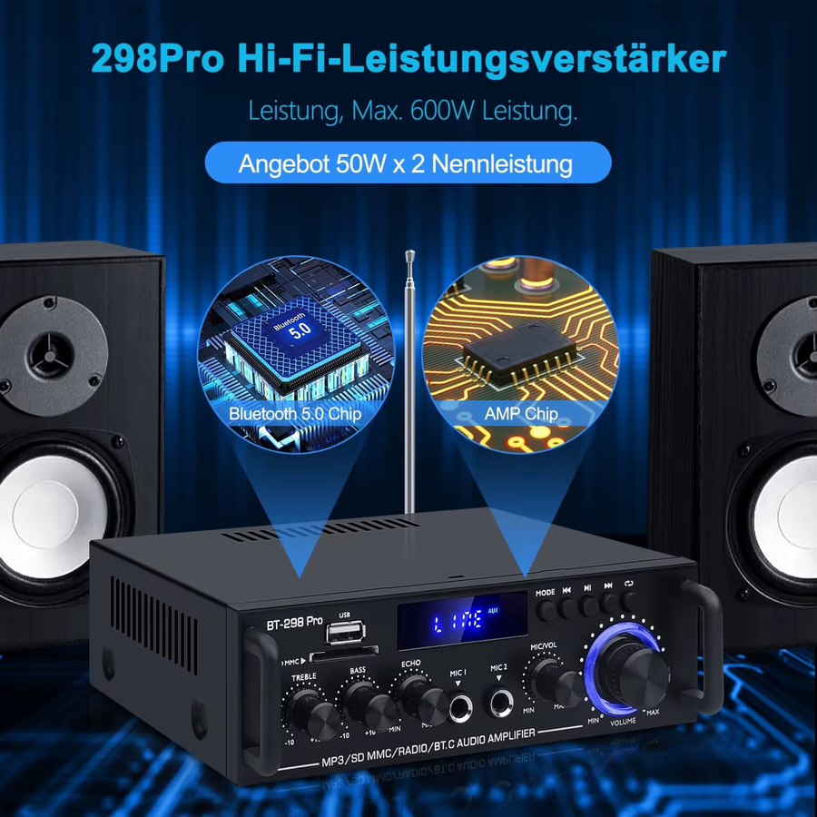 Stereo-Verstärker-Set Zweikanal-Heimverstärker in Schwarz mit Mikrofoneingang, Echo-Effekt, Bass- und Höhenregelung sowie USB, RCA und FM Schnittstellen - Bild 5