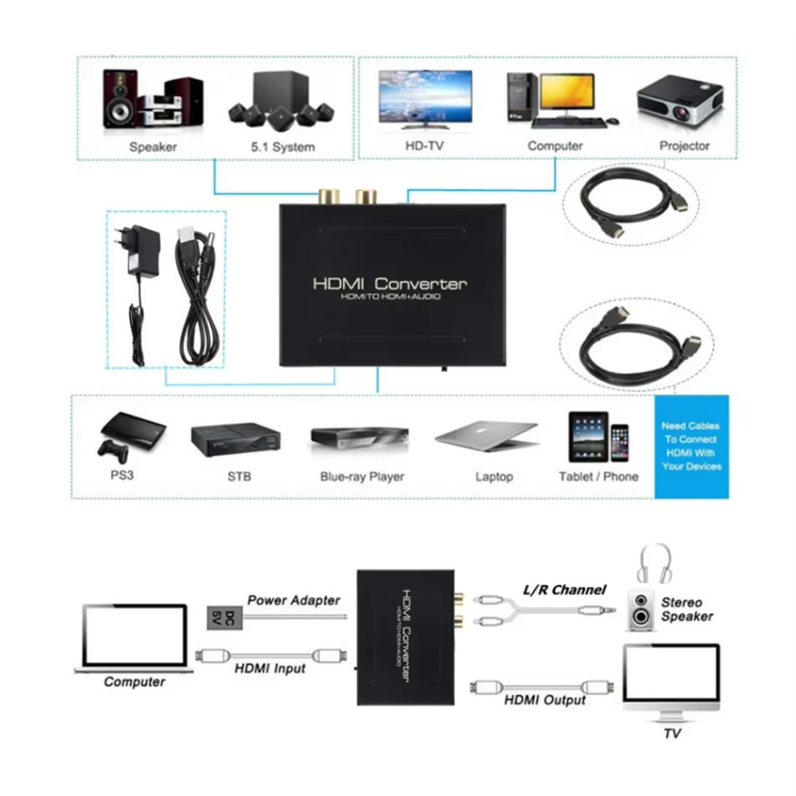 Wvvmvv HDMI Audio-Extraktor 2.1ch Stereo-Konverter mit optischem Toslink und SPDIF L/R in Schwarz - Bild 2