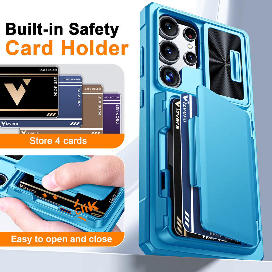Samsung Galaxy S25 Ultra Hülle mit Kartenhalter für 4 Karten, Kamerabdeckung und Ständer in Schwarz und Blau - Bild 3