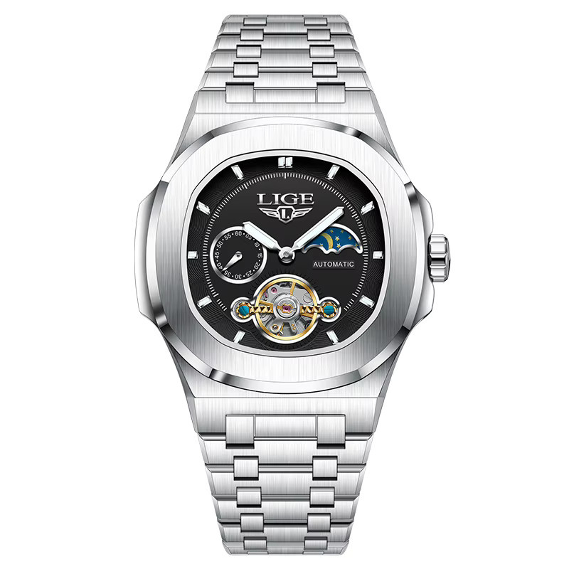 LIGE Armbanduhr Automatik, Edelstahl, eckig, blau, Herren - Bild 6