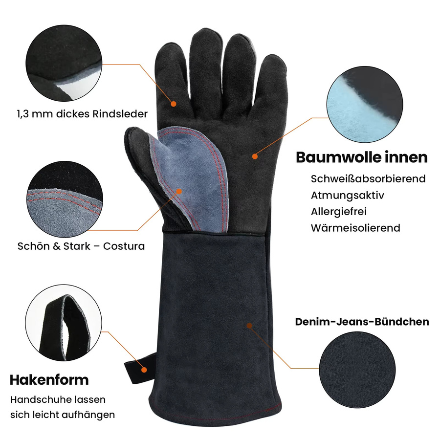 HITBOX Schweißhandschuhe Schwarz 14 Zoll Hitzebeständig für MMA TIG MIG Lichtbogenschweißen - Bild 5