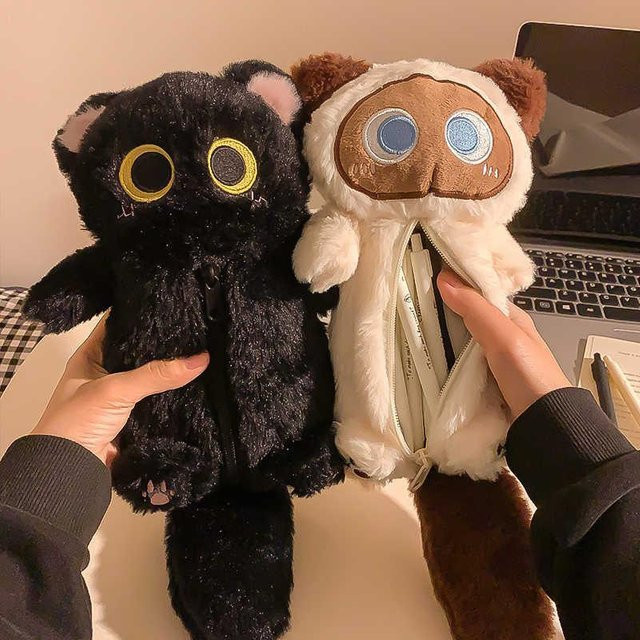 Umfinger Federmäppchen aus Plüsch mit Cartoon-Katzen-Design, buntes Schreibwaren-Etui mit großem Fassungsvermögen - Bild 1