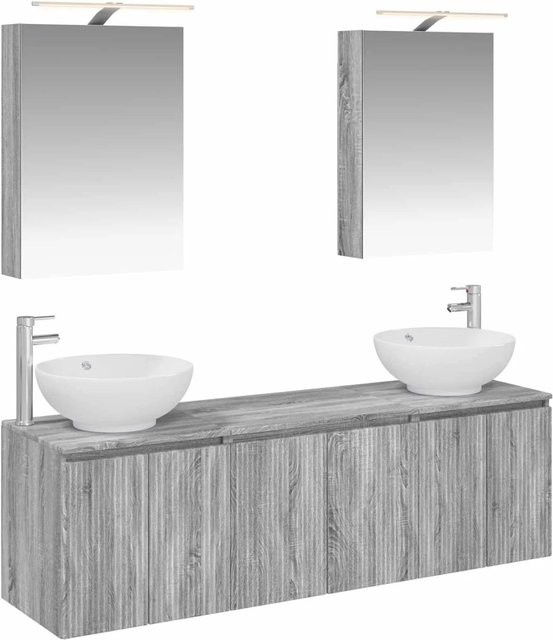 vidaXL Badezimmerschrank-Set 5-teilig in Grau Sonoma, bestehend aus Waschtischunterschrank, Spiegelschrank mit LED-Beleuchtung und Wandschränken, minimalistisches Design aus MDF und Holzwerkstoff - Bild 1
