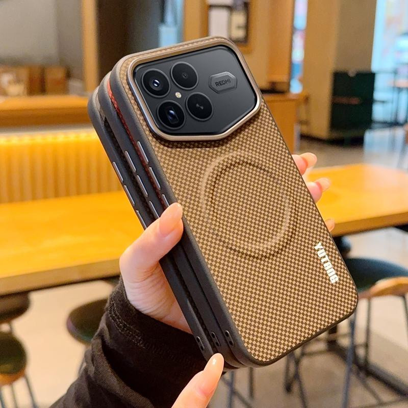 Magnetische Xiaomi Redmi K90 Pro Max Hülle aus PU-Leder mit Kohlefaser-Textur und Metallknopf in Schwarz und Rot - Bild 2