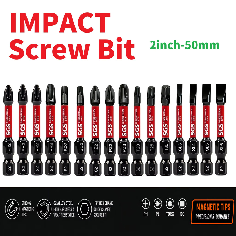 SGS 16-teiliges Magnetisches Schlagschrauber-Bit-Set aus S2-Stahl mit Aufbewahrungsbox, 50mm Multi-Typ-Bits (PH2, PZ2, SQ2, T20, T25, T30, SL3, SL4, SL5, SL6) - Bild 3