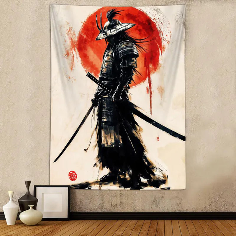 VIKAMA Anime Wandteppich Japanischer Samurai Ukiyo-e mit roter Sonne, mehrfarbig, B: 60 cm, H: 40 cm - Bild 1