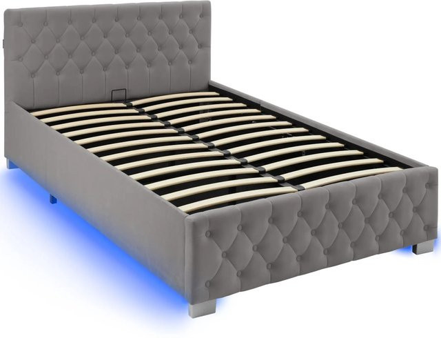 tectake Polsterbett Sedona in Samtoptik mit Steppmuster und indirekter LED-Beleuchtung, Dunkelgrau, B/T/H: 215 x 129 x 83 cm - Bild 2