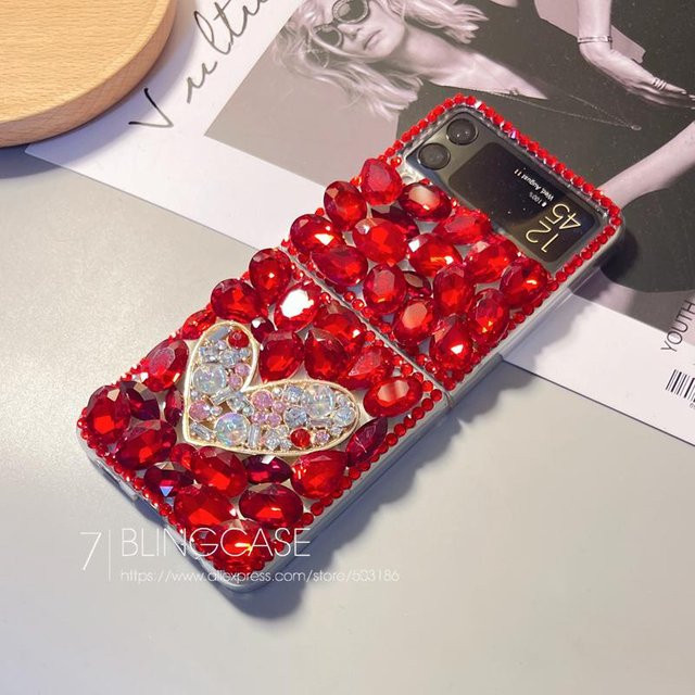BLINGCASE Strass Handyhülle mit Diamant-Design für Samsung Galaxy Z Flip 3, Z Flip 4, Z Flip 5 und Z Flip 6 in Rot/Transparent - Bild 1