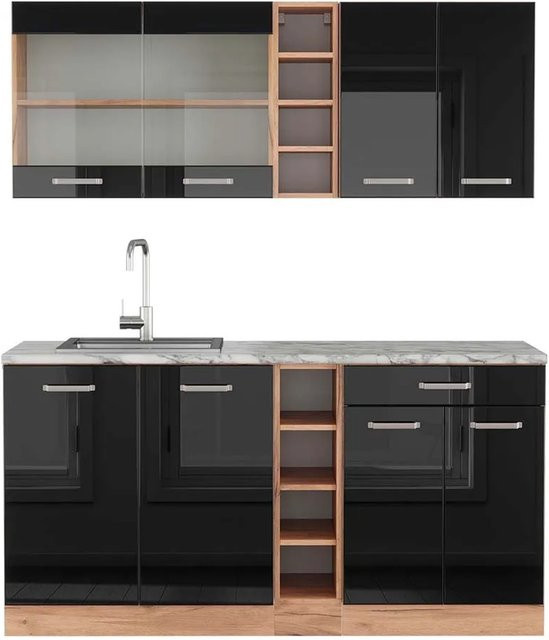 Vicco R-Line Singleküche Schwarz Hochglanz und Goldkraft Eiche mit Marmor-Arbeitsplatte Breite: 160 cm - Bild 1