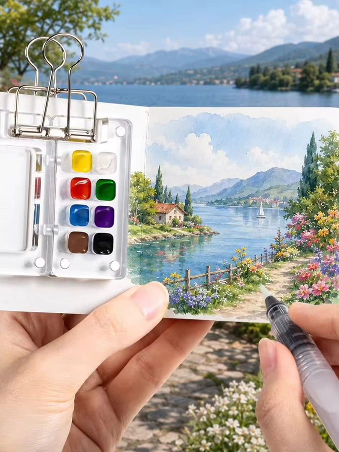 Mini-Reise Aquarellfarben-Set mit 18 Farben, Skizzenbuch, Wasserpinseln und Palette in Multicolour - Bild 4