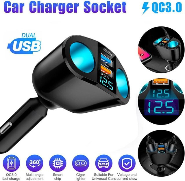 Auto Zigarettenanzünder Steckdose Splitter mit blauem Atmosphärelicht, PD und QC3.0 USB-C Ports für 12V-24V, Schwarz/Blau - Bild 1