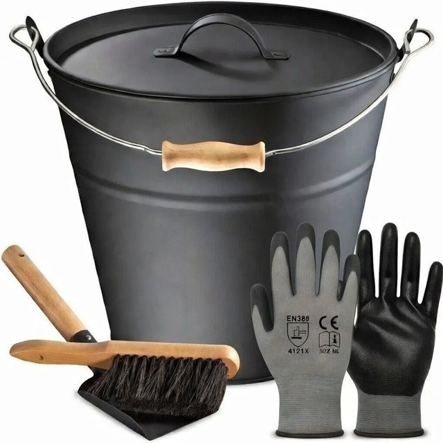 BLACK OAK Ascheeimer FOGO aus Metall in Schwarz mit Deckel, Schaufel und Feger, B/T/H: 30 x 30 x 30 cm - Bild 1