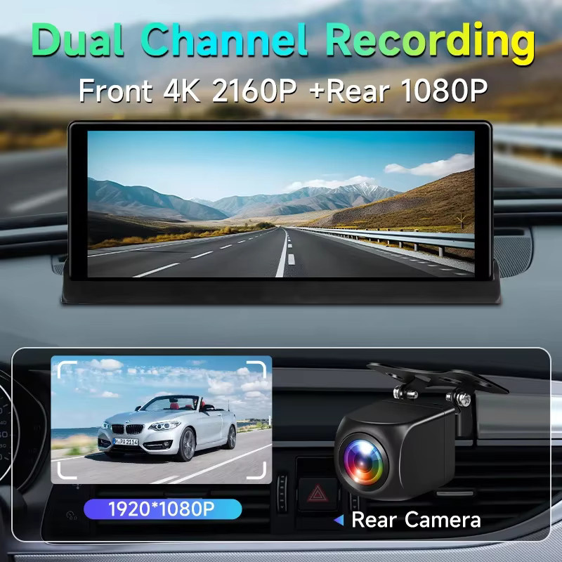 Srnubi 4K ADAS Dash Cam mit 10,26 Zoll Display, Wireless CarPlay, Android Auto und 360 Grad Rotation, Schwarz - Bild 4
