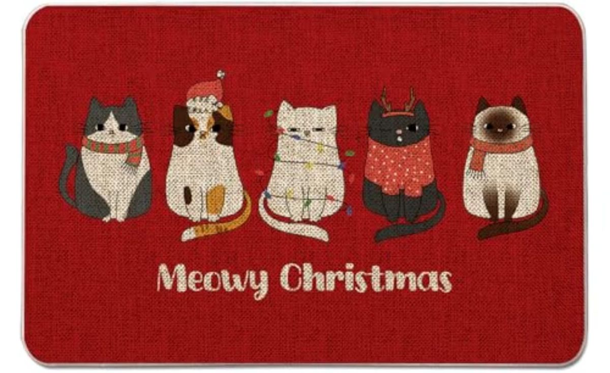 VIKAMA Rutschfeste Fußmatte mit Weihnachts-Cartoon-Katzen-Design in Rot für Eingangsbereich und Badezimmer - Bild 3