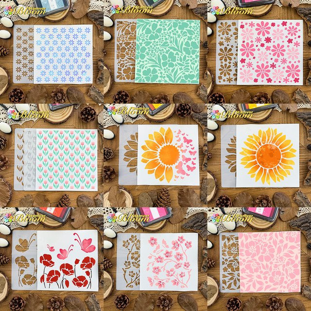 Blumen Schablonen Set mit Tulpen, Sonnenblumen und Mohnblumen in Multicolour für Sprühfarbe und Graffiti aus Papier, B/H: 15,2 x 15,2 cm - Bild 1