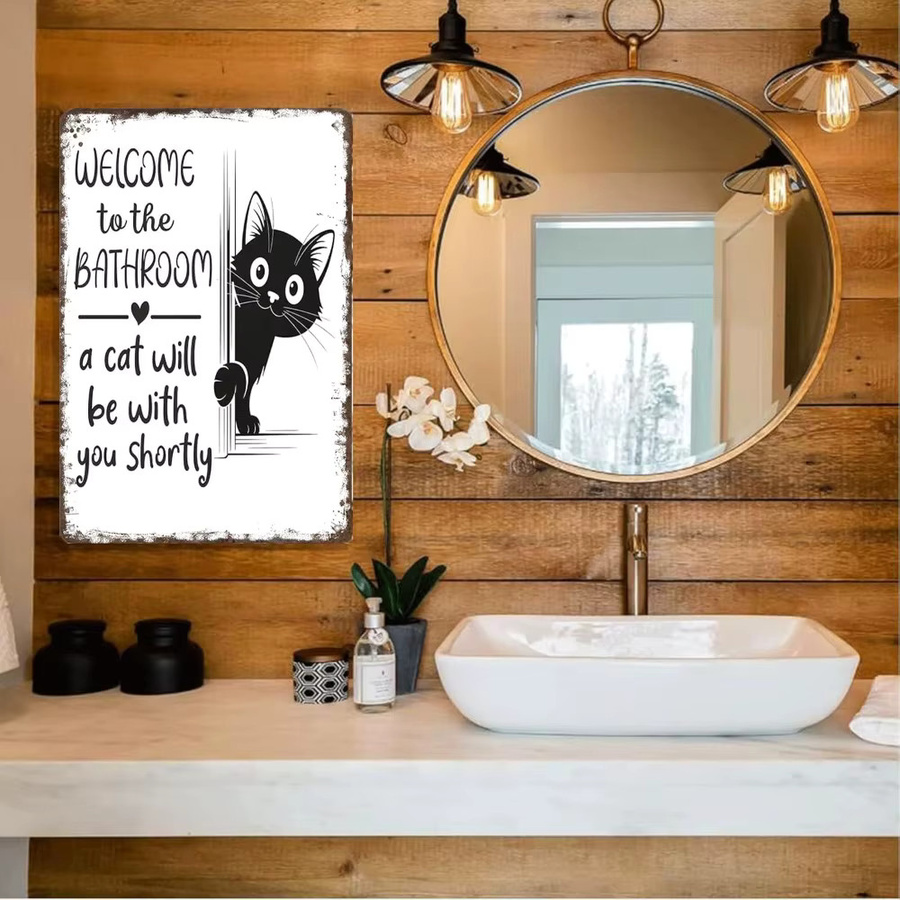 CIFBUY Welcome To The Bathroom Lustiges Katzen-Metallschild in Schwarz und Weiß, B/H: 30,5 x 20,3 cm, Vintage-Retro Badezimmerdekoration - Bild 4