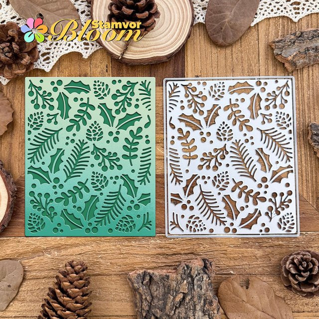 Metall Stanzform für Scrapbooking mit weihnachtlichen Blättern, Zweigen und Kiefern in einem quadratischen Rahmen zur dekorativen Prägung - Bild 1