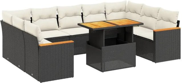 vidaXL 11-teilige Garten-Sofagarnitur in L-Form aus Polyrattan und Akazienholz mit Kissen in Schwarz und Cremeweiß - Bild 1