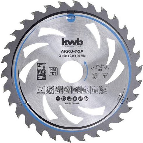 Kwb Hartmetall Kreissägeblatt für Holz und Kunststoff, Farbe: Silber, Durchmesser: 190 mm, Bohrung: 30 mm, Dicke: 1,3 mm, 30 Zähne - Bild 1
