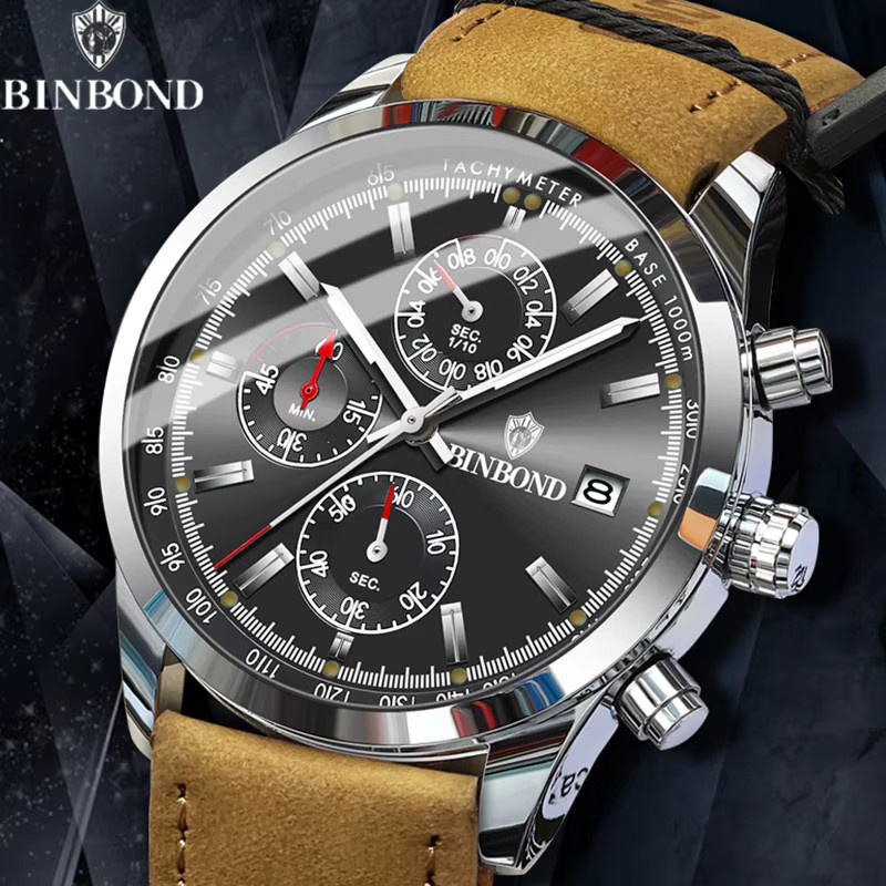 BINBOND Chronograph Armbanduhr, Quarz, Leder, Schwarz, Herren - Bild 5