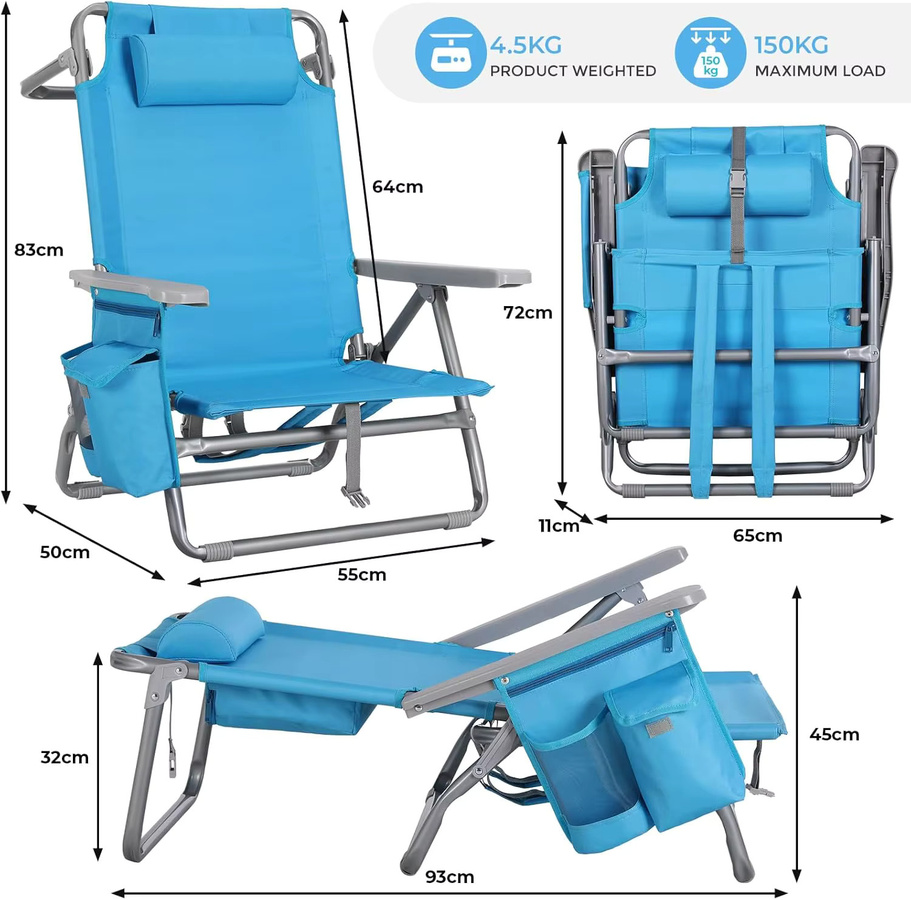 AuAg Klappbarer Strandstuhl und Campingstuhl mit verstellbarer Rückenlehne und Kühltasche, Tragkraft bis 150 kg, Farben: Blau oder Grün - Bild 3