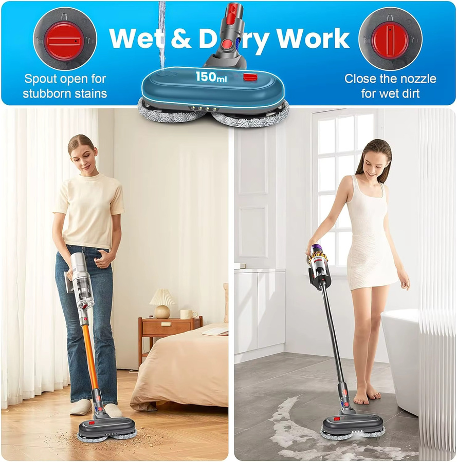 Blossom Elektrischer Wischkopf für Dyson V7 V8 V10 V11 V15 Staubsaugeraufsatz in Grau mit abnehmbarem Wassertank und 6 wiederverwendbaren Wischpads - Bild 3