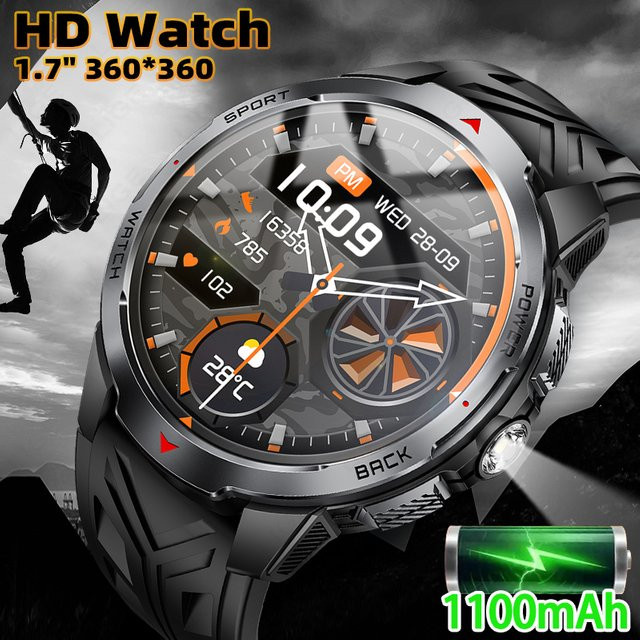 LIGE Smartwatch für Herren mit 1100 mAh Akku, Bluetooth-Anruf, LED-Taschenlampe und Kompass in Schwarz oder Silber - Bild 1