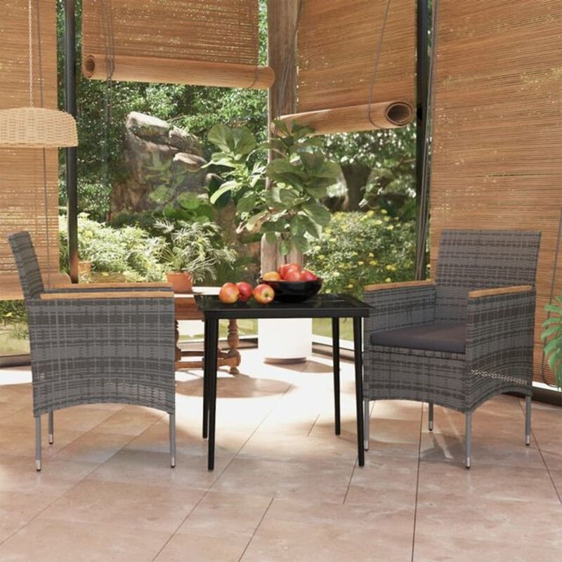 3-teilige moderne Garten-Essgruppe aus Rattan und Metall mit Glasplatte und Auflagen in Grau und Schwarz von vidaxl - Bild 1