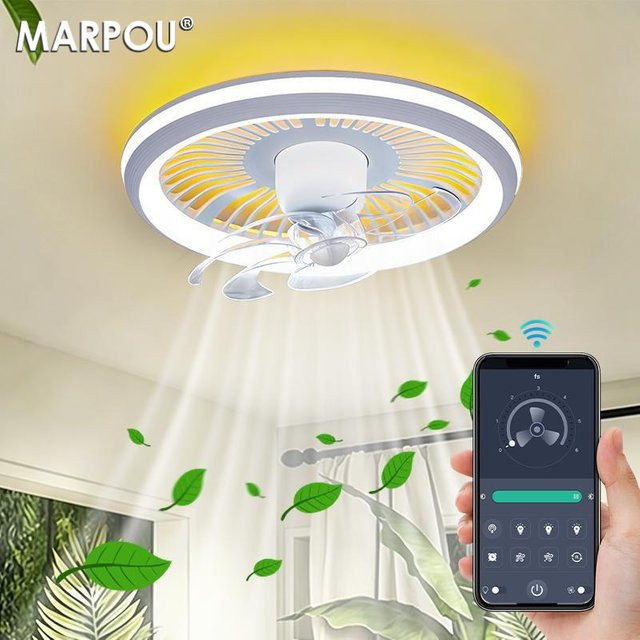 MARPOU Minimalistischer LED-Deckenventilator in Weiß mit dimmbarer Ambient-Hintergrundbeleuchtung und 6 Geschwindigkeiten - Bild 1