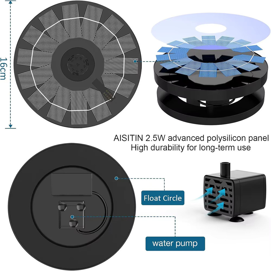 AISITIN Solarbetriebene Wasserbrunnenpumpe für Garten, Teiche und Aquarien, runde Vogelbadpumpe mit 1,5 W / 2,5 W / 3,5 W Optionen - Bild 4