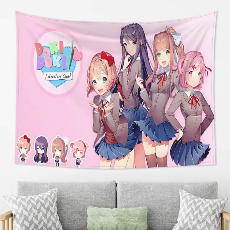VIKAMA Heartbeat Literature Club Wandteppich in Pink mit Anime-Illustration und Typografie zur Raumdekoration - Bild 2
