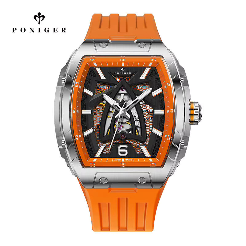 PONIGER Armbanduhr Automatik, Dual Skeleton Design, Edelstahl, Kautschukband, Herren - Bild 1