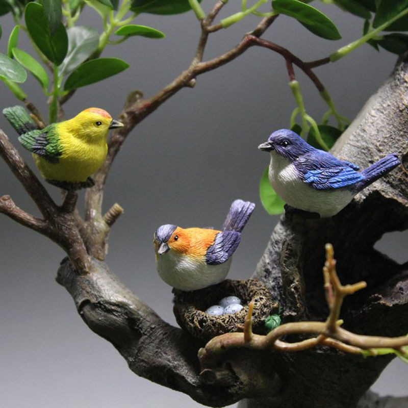 4er Set Birdie Figuren aus Kunstharz als Micro Landschaft Ornamente mit Vogelnest und Eiern in Mehrfarbig für Bonsai und Puppenhaus Dekoration - Bild 1