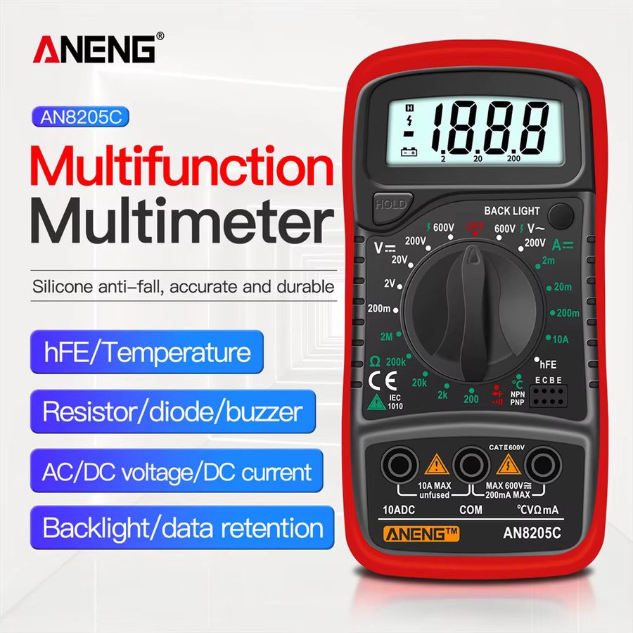 ANENG AN8205C Tragbares Digitales Multimeter in Rot mit LCD-Hintergrundbeleuchtung zur Messung von AC/DC Spannung, Strom und Widerstand - Bild 2