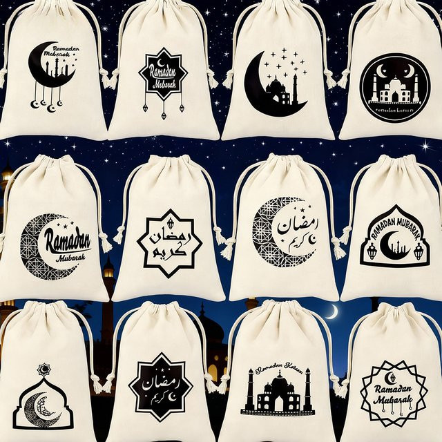 12-teiliges Set Ramadan-Geschenktüten mit Kordelzug und Mond-Stern-Motiv für Eid Iftar und Al-Adha Gastgeschenke - Bild 1