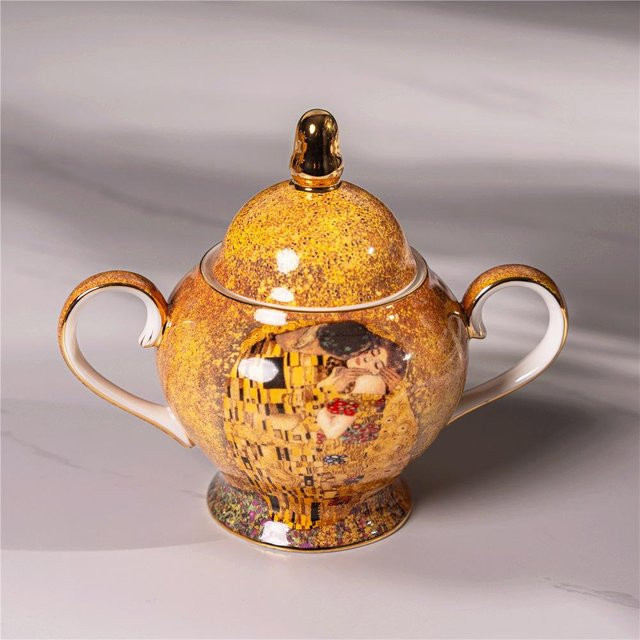 Yiran Furniture Kaffeeservice Gustav Klimt Kuss aus Knochenporzellan mit Goldakzenten, Set bestehend aus Teekanne, Milchkännchen, Zuckerdose sowie Teetassen und Untertassen - Bild 1