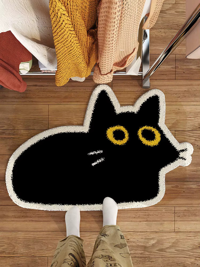 VIKAMA Teppich in Katzenform, unregelmäßiger Plüschteppich für Schlafzimmer und Wohnzimmer, Schwarz - Bild 1