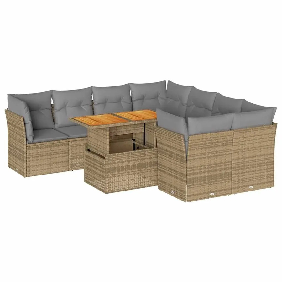 vidaXL 9-teilige Garten-Sofagarnitur aus Poly-Rattan und Akazienholz mit Kissen in Beige und Grau - Bild 2