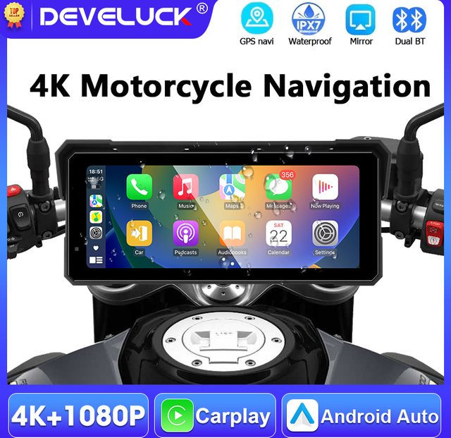 Develuck 8,1 Zoll Motorrad-Navigationssystem mit GPS, Touchscreen, kabellosem CarPlay und Android Auto, IPX7 wasserdicht, Dual-Bluetooth und TPMS-Unterstützung, Schwarz - Bild 1