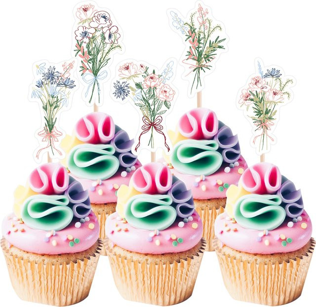 25er Set Wilde Blume Cupcake Topper im Aquarell-Floral-Design von Partism, Mehrfarbig - Bild 1