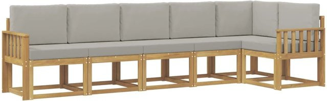 vidaXL Outdoor-Sofagarnitur 6-teilig in L-Form aus massivem Akazienholz mit Kissen in Weiß und Hellgrau - Bild 1