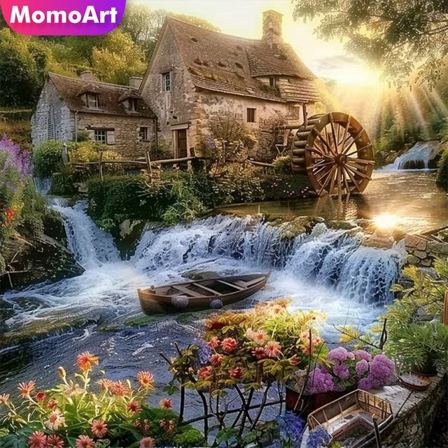 Momoart Diamant-Stickerei Haus-Landschaftsgemälde mit Flussbild als DIY-Mosaik-Dekoration in Multicolour, B/H: 20 x 20 cm - Bild 1