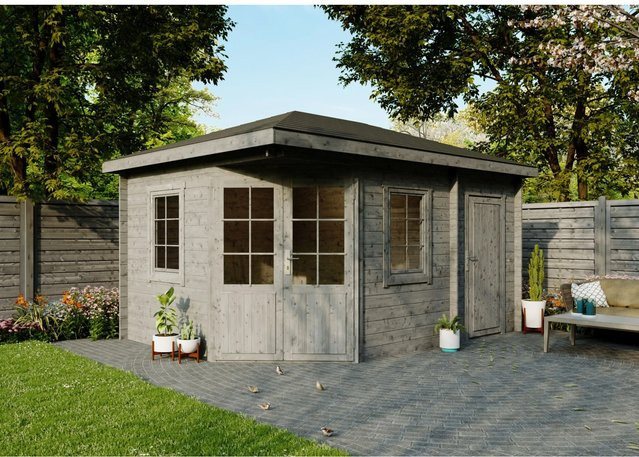 Fjordholz Gartenhaus Evelyn 5-Eck Log Cabin in Grau, imprägniertes Holz mit Fenster und Tür - Bild 1