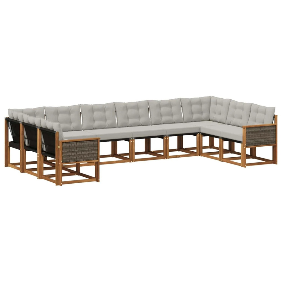 vidaXL Outdoor-Sofagarnitur L-Form aus Akazien-Massivholz mit 10 Kissen in Natur und Hellgrau - Bild 2