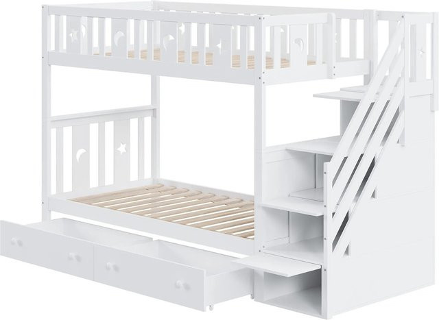 Merax Etagenbett für Kinder aus Massivholz und MDF mit Treppe und Schubladen, Weiß, B/T/H: 90 x 200 x 160 cm - Bild 1