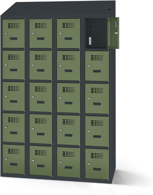 rotstahl Fächerschrank mit 20 Fächern und Ladefunktion, Korpus Anthrazitgrau, Türen Hellgrün, B: 120 cm, H: 200 cm - Bild 1
