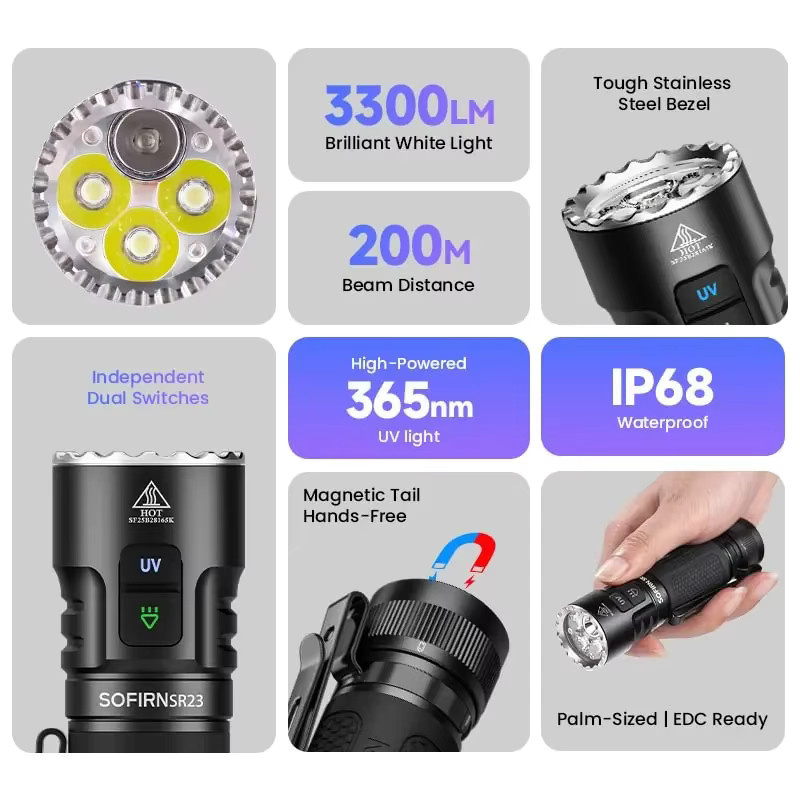 Sofirn SR23 EDC-Taschenlampe Schwarz mit 3300 Lumen, 6500K, UV 365 nm, USB-C wiederaufladbar und magnetischer Endkappe - Bild 6