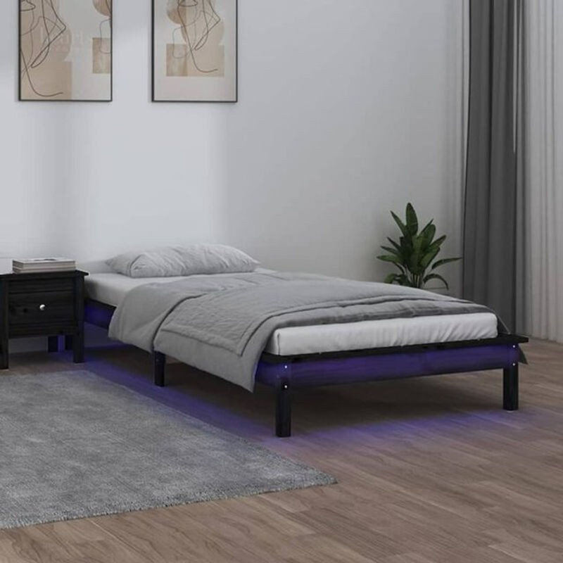 Massivholzbett aus Kiefer mit LED-Beleuchtung von Vidaxl in Schwarz, B/T/H: 90 x 200 cm - Bild 1